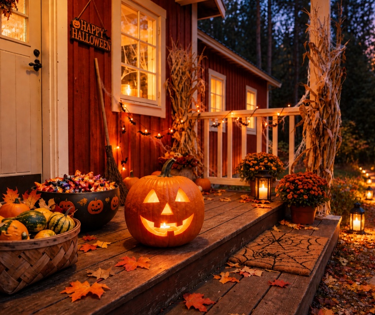 Front porch decorated for Halloween with a glowing jack-o’-lantern, candy bowl, autumn flowers, cornstalks, and lanterns.